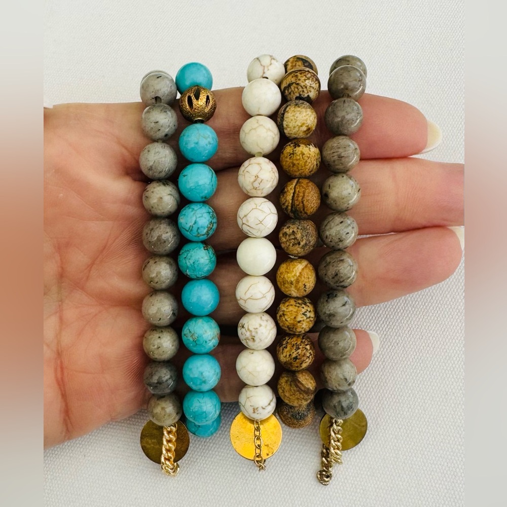 Lace Project 5 piece 6.5” Stretch Bracelet Set- Turquoise Labrodite Howlite Wood